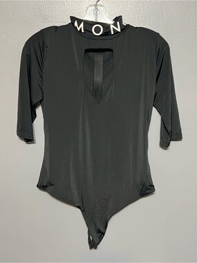 Monat Keyhole Mock Neck Thong Bodysuit Black 3/4 Sleeves Logo Spell-Out Medium
